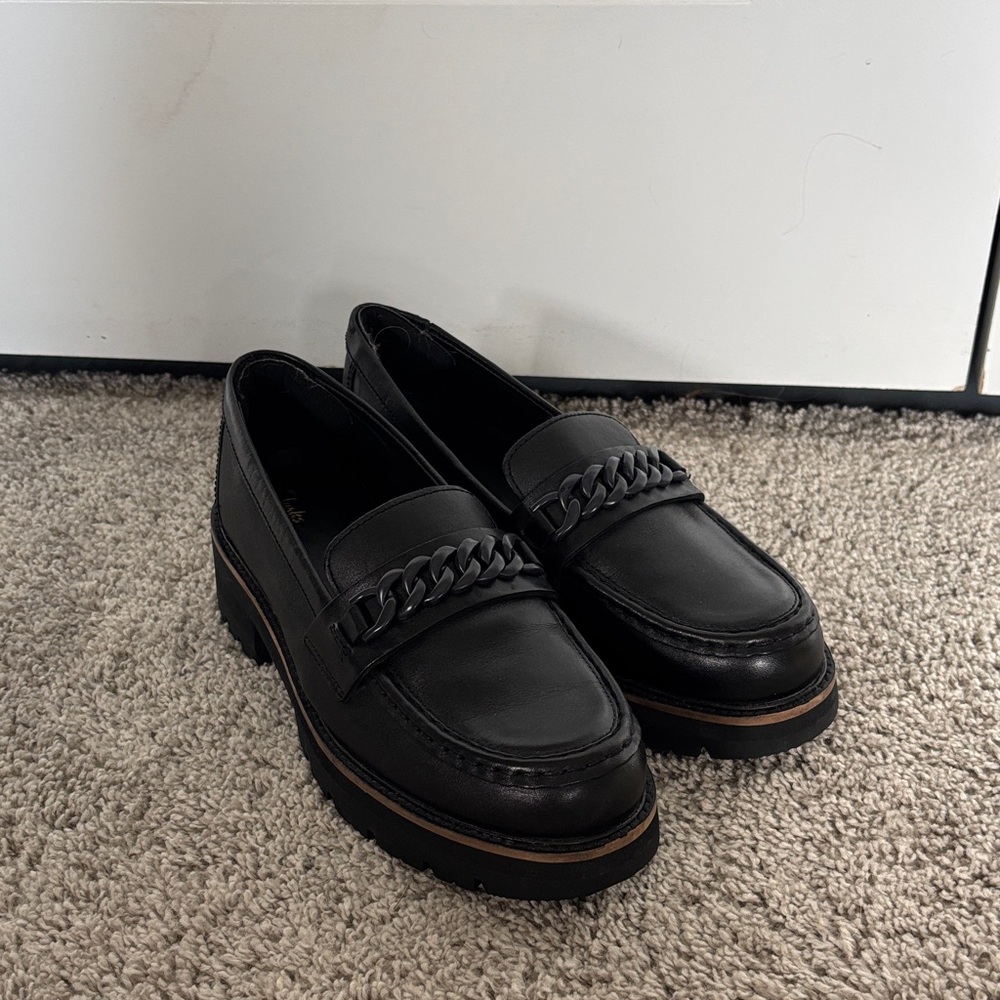 Clarks Black Leather Loafers with Chain Detail